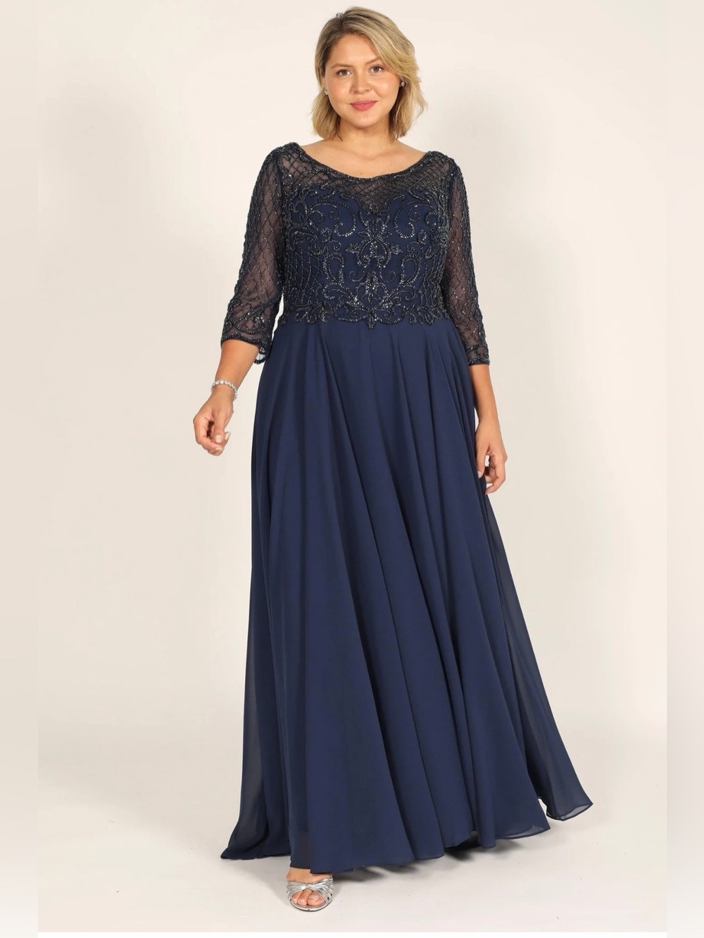 Elegant Navy Beaded Evening Gown - Women's Dress
